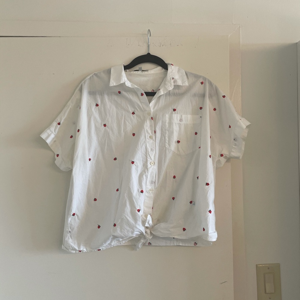 Madewell white and strawberry tie button up top M